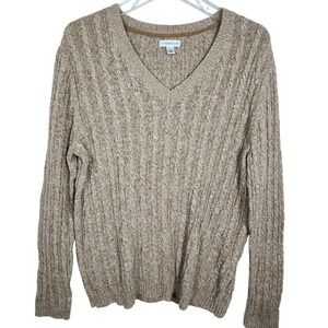 Croft & Barrow Women's Cable Knit V-Neck Sweater Size L Long Sleeve Beige Cotton
